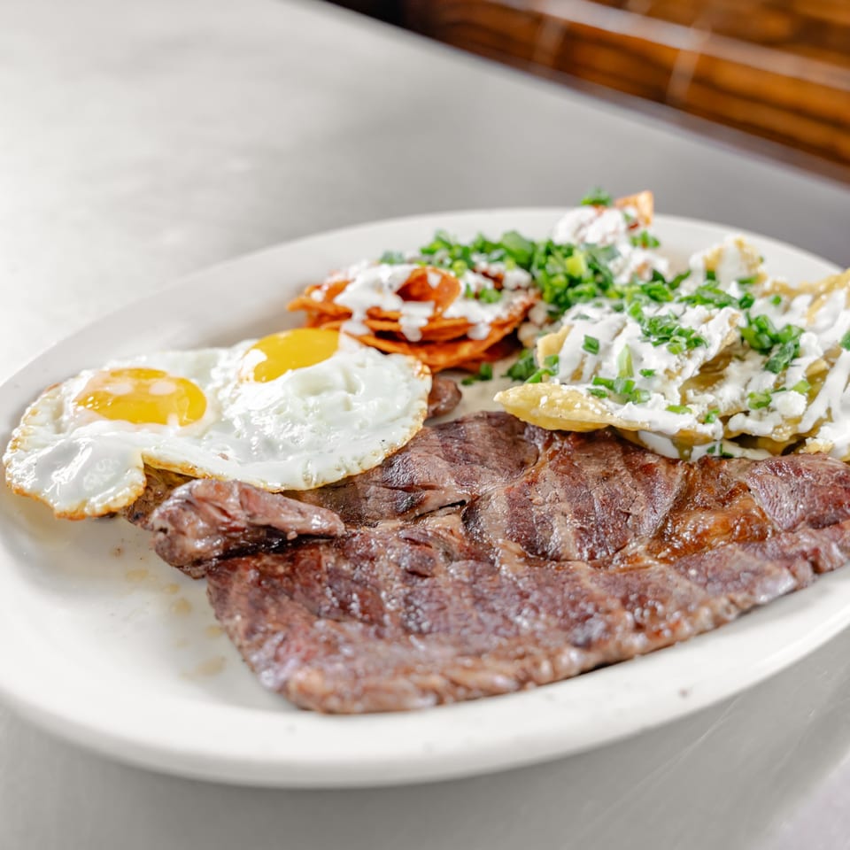 Steak and eggs with chilaquiles